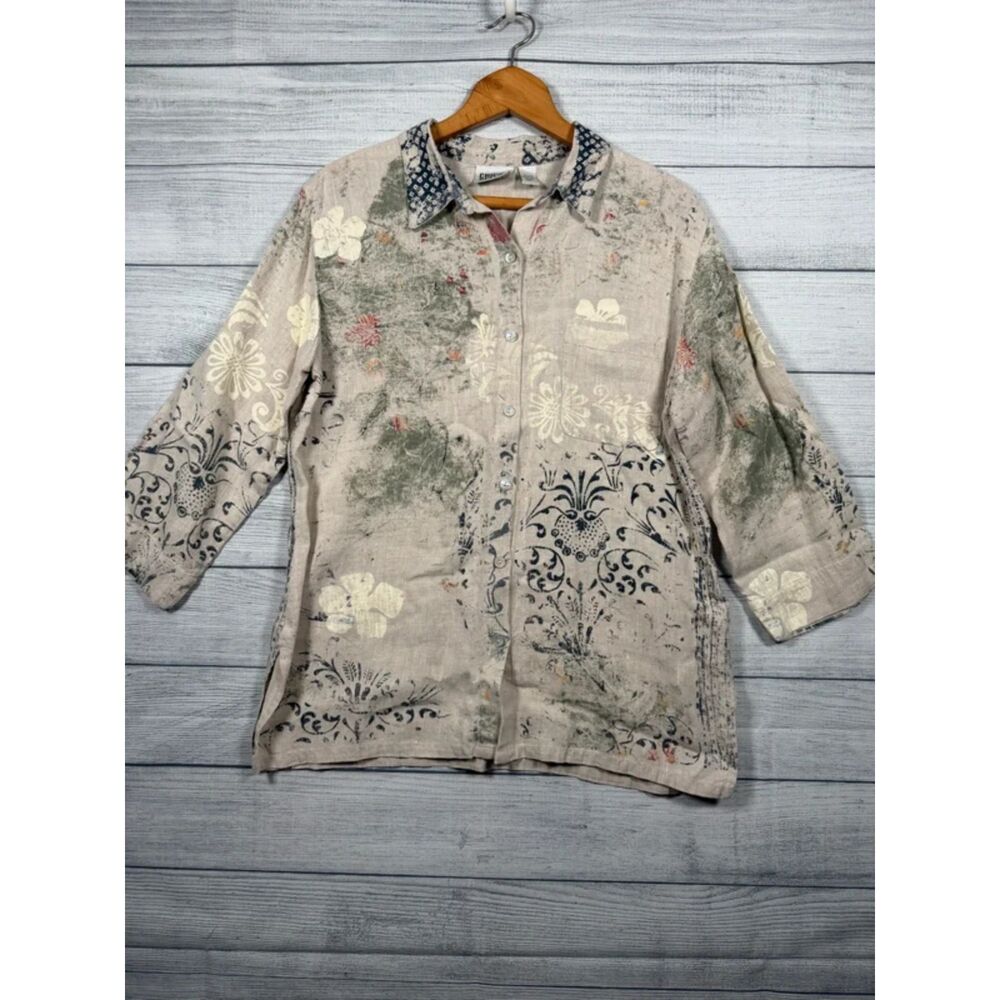 Chico's Design Women's Size 1 Medium Beige Floral 100% Linen Button Up 1454